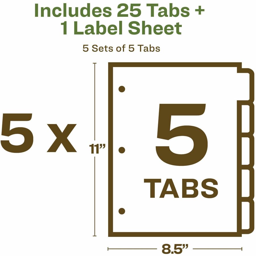 Avery Index Maker Index Divider, 25 Dividers, 5 Tabs/Set, 5 Sets per Pack, 8.5" x 11", White, 3-Hole Punched, 100% Recycled Paper, Reinforced Edges, Printable, Eco-friendly