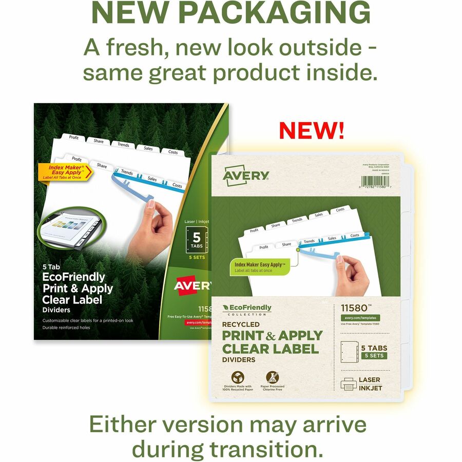 Avery Index Maker Index Divider, 25 Dividers, 5 Tabs/Set, 5 Sets per Pack, 8.5" x 11", White, 3-Hole Punched, 100% Recycled Paper, Reinforced Edges, Printable, Eco-friendly