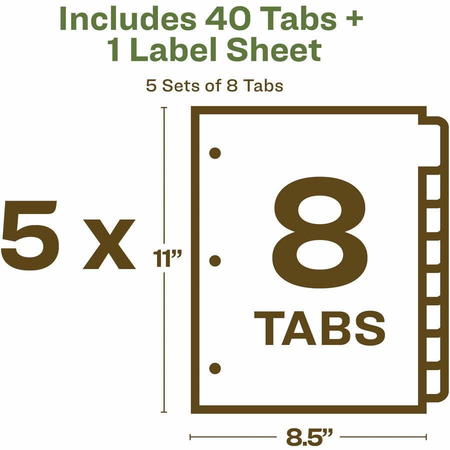 Avery Index Maker Index Divider, 40 Dividers, 8 Tabs per Set, 8.5" x 11", 3-Hole Punched, White, 100% Recycled Paper, 5 Packs