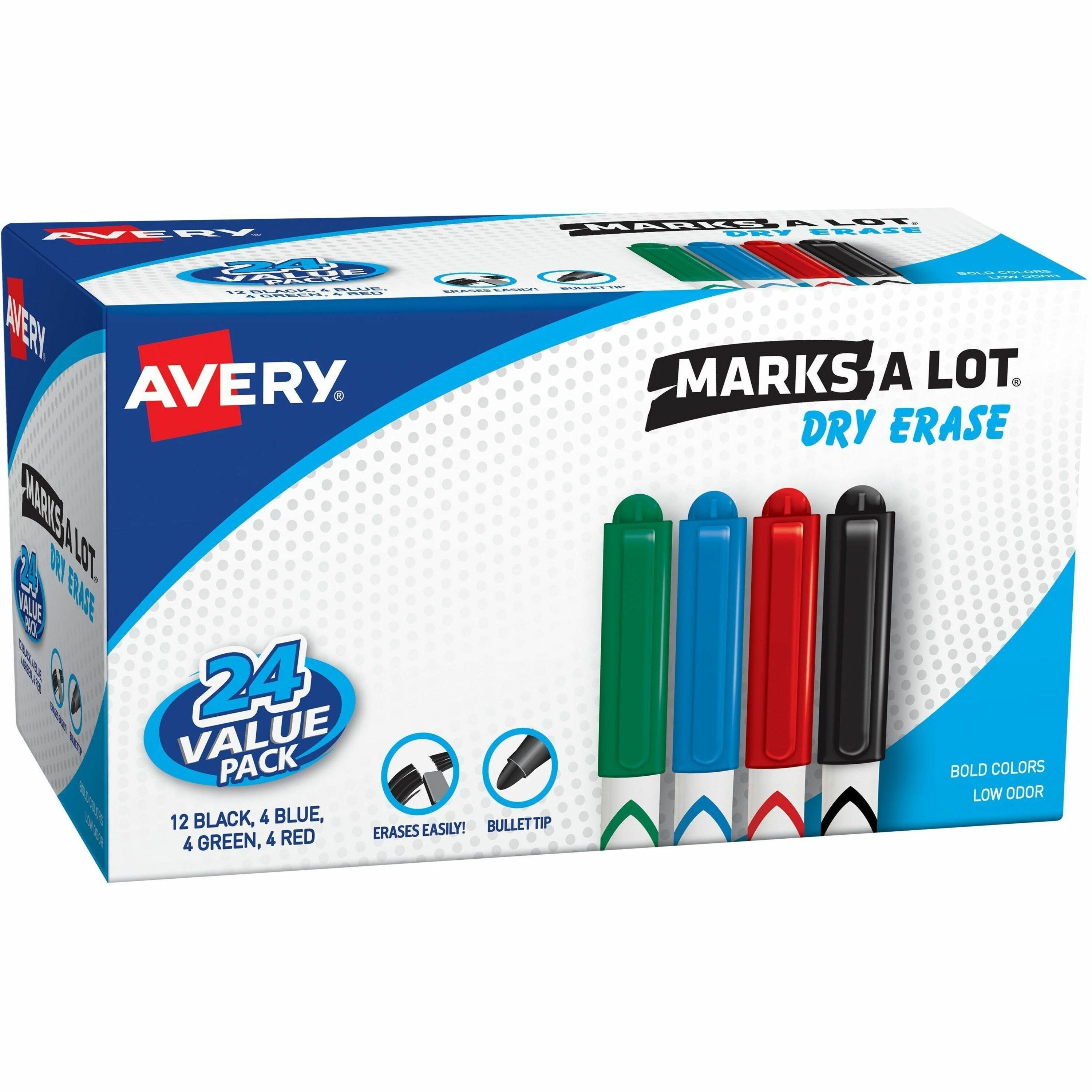 Avery&reg; Marks A Lot Pen-Style Dry Erase Markers - Bullet Marker Point - Erasable - Black, Red, Blue, Green Ink - 24 / Box