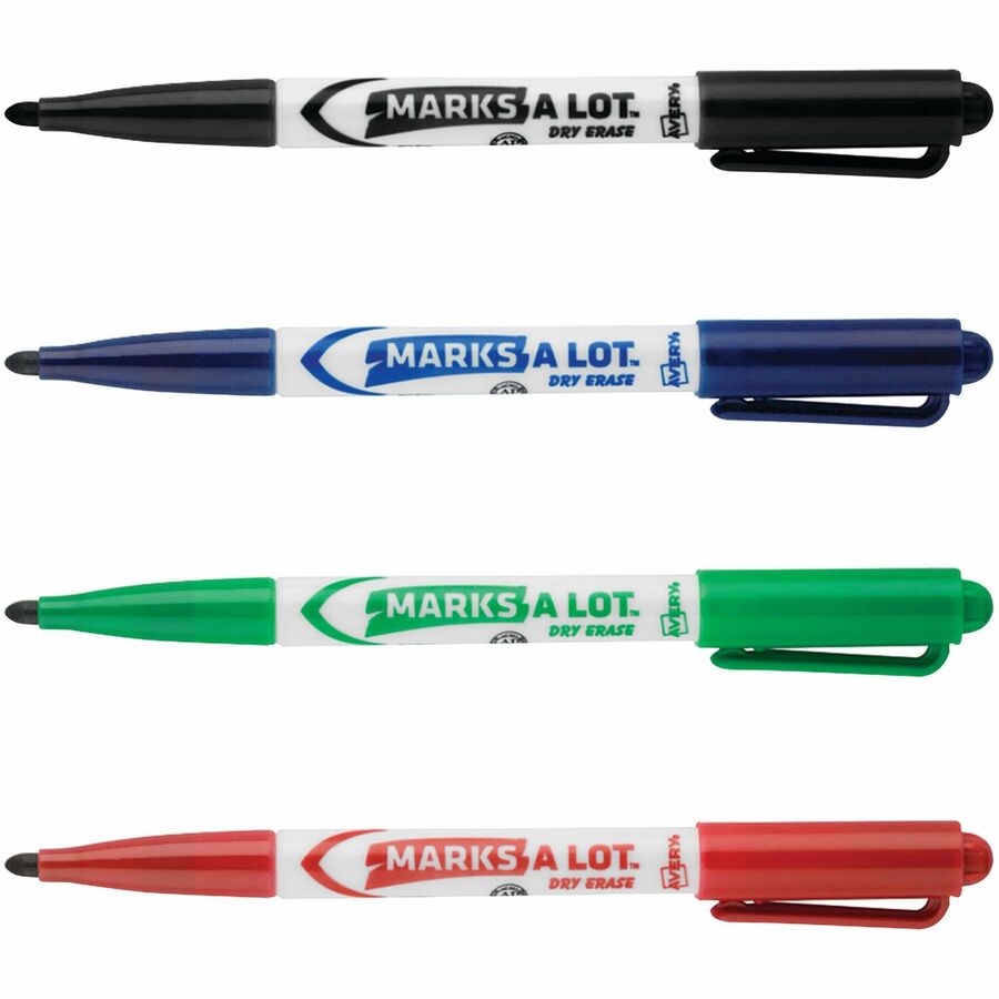 Avery&reg; Marks A Lot Pen-Style Dry Erase Markers - Bullet Marker Point - Erasable - Black, Red, Blue, Green Ink - 24 / Box