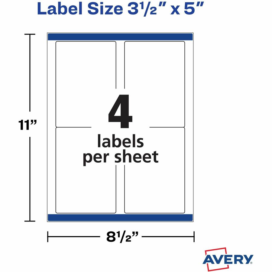 3 1/2" Width x 5" Length - Permanent Adhesive - Rectangle - Inkjet - White - Paper - Permanent Adhesive, Jam Resistant, Customizable - 4 / Sheet - 25 Total Sheets - 100 Total Label(s) - 100 / Pack
