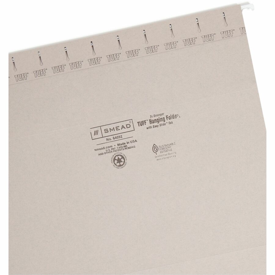 Smead TUFF 1/3 Tab Cut Letter Recycled Hanging Folder - 8 1/2" x 11" - Top Tab Location - Assorted Tab Position - 11 pt. - Plastic - Steel Gray - Tear Resistant, Heavy Duty - 10% Recycled - 1 / Pack