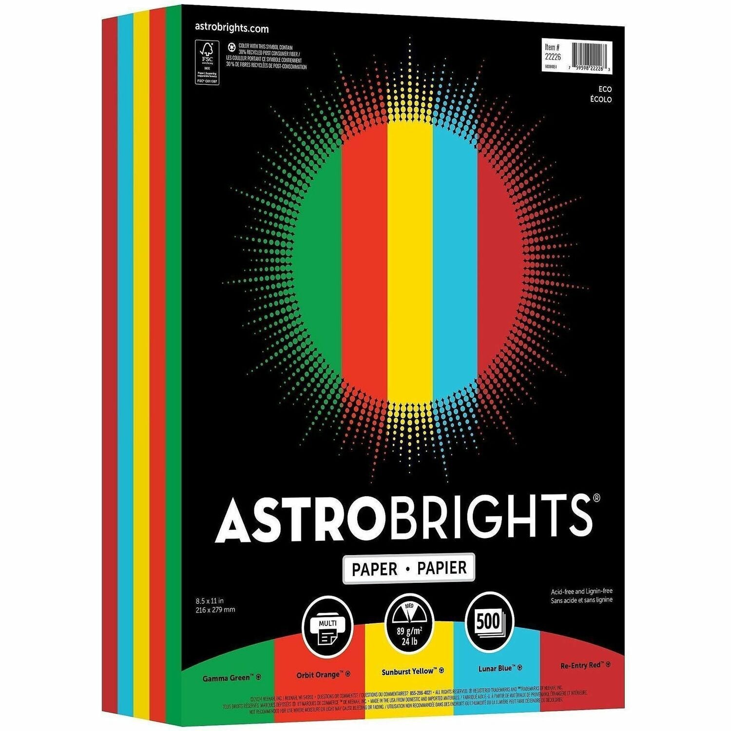 Letter - 8 1/2" x 11" - 24 lb Basis Weight - Green Seal - Acid-free, Lignin-free - Gamma Green, Re-entry Red, Orbit Orange, Sunburst Yellow - 500 / Ream