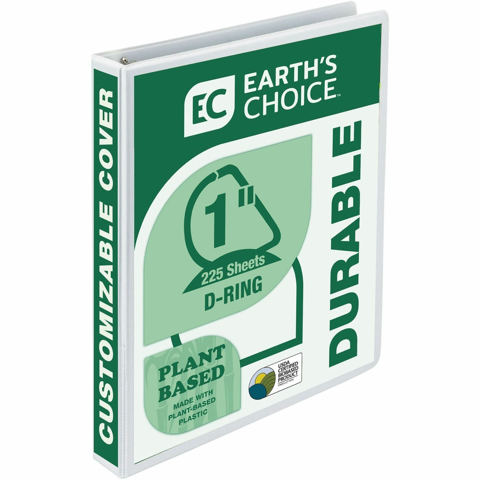 Samsill Earth's Choice Plant-based Durable View Binder, 1" D-Ring, Letter Size, 225 Sheet Capacity, 2 Pockets, White, 1 Each