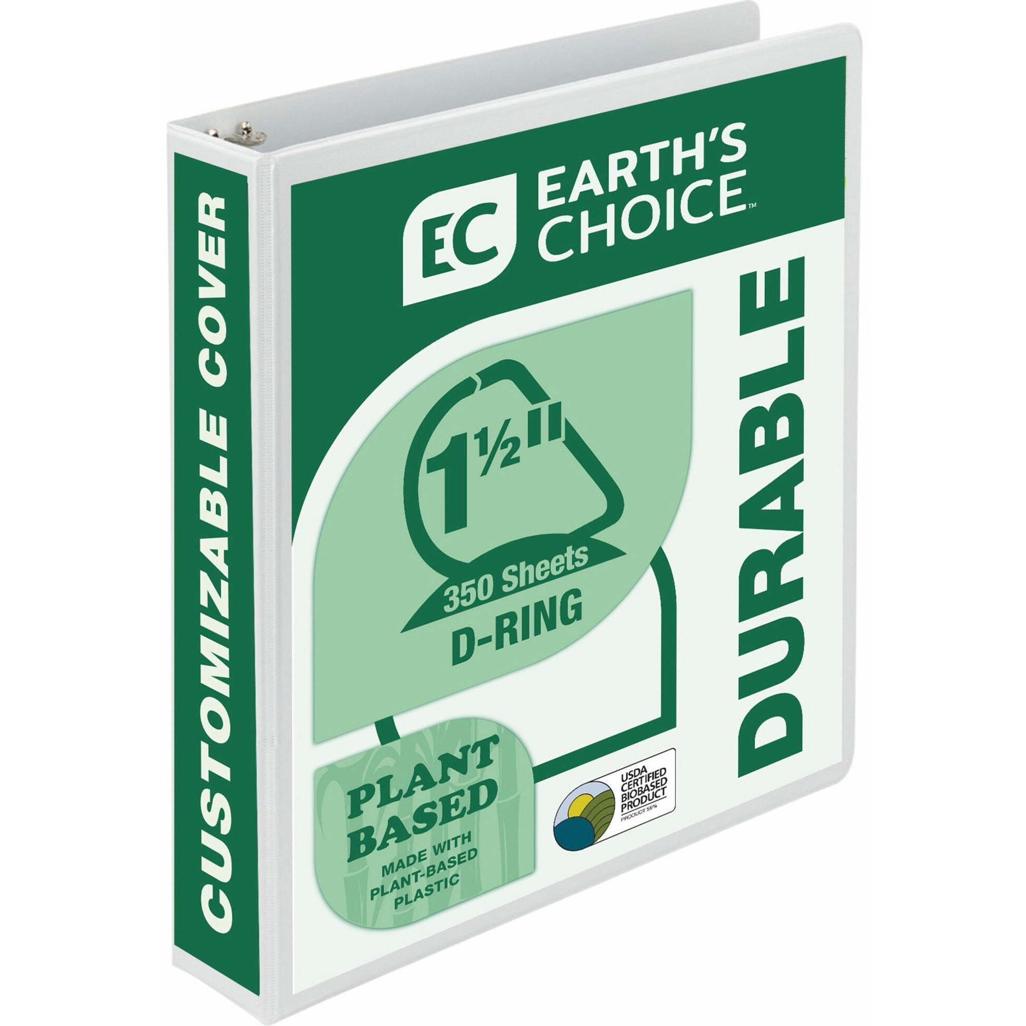 Samsill Earth's Choice Plant-based Durable View Binder, 1 1/2" D-Ring, Letter Size, 350 Sheet Capacity, 2 Pockets, White, 1 Each