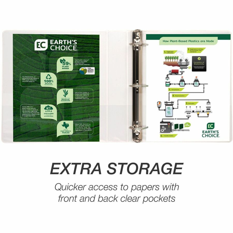 Samsill Earth's Choice Plant-based Durable View Binder, 1 1/2" D-Ring, Letter Size, 350 Sheet Capacity, 2 Pockets, White, 1 Each