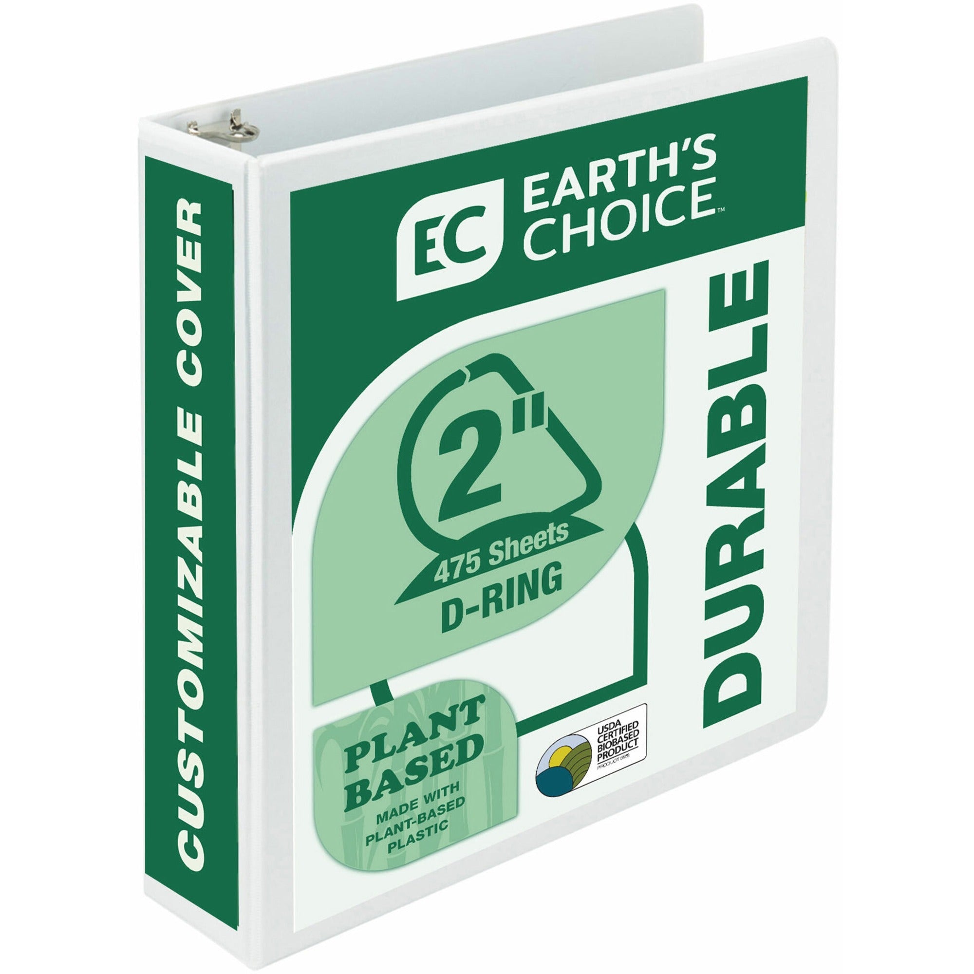 Samsill Earth's Choice Plant-based Durable View Binder, 2" D-Ring, Letter Size, 475 Sheet Capacity, 2 Pockets, White, Archival-safe, Clear Overlay, Acid-free, PVC-free, Customizable Spine/Cover, 1 Each