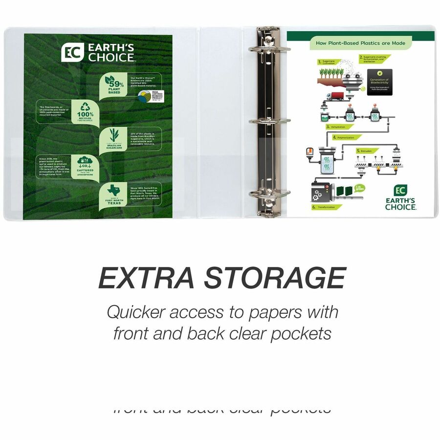 Samsill Earth's Choice Plant-based Durable View Binder, 2" D-Ring, Letter Size, 475 Sheet Capacity, 2 Pockets, White, Archival-safe, Clear Overlay, Acid-free, PVC-free, Customizable Spine/Cover, 1 Each