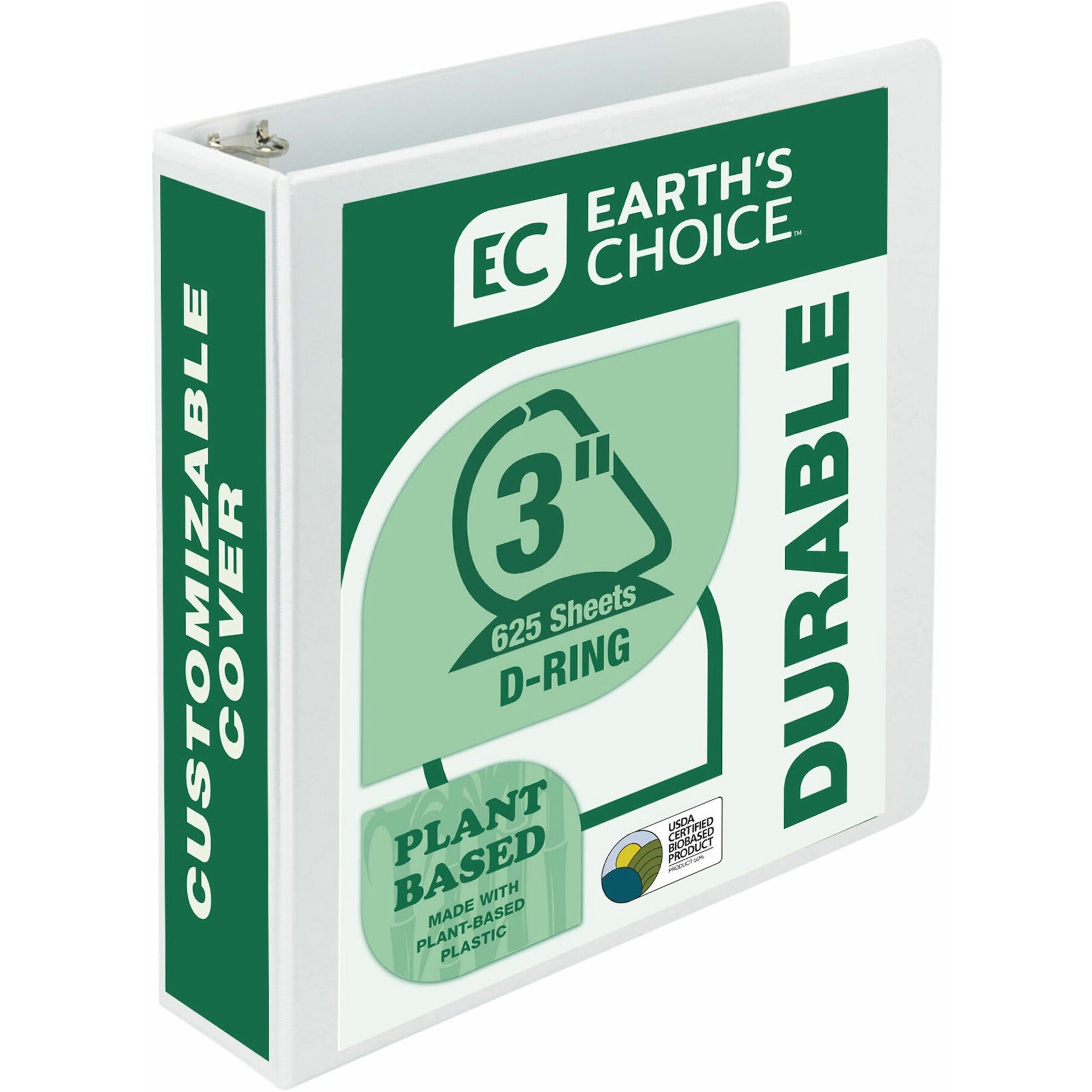Samsill Earth's Choice Plant-based Durable View Binder, 3" D-Ring, Letter Size, 625 Sheet Capacity, 2 Pockets, White, 1 Each
