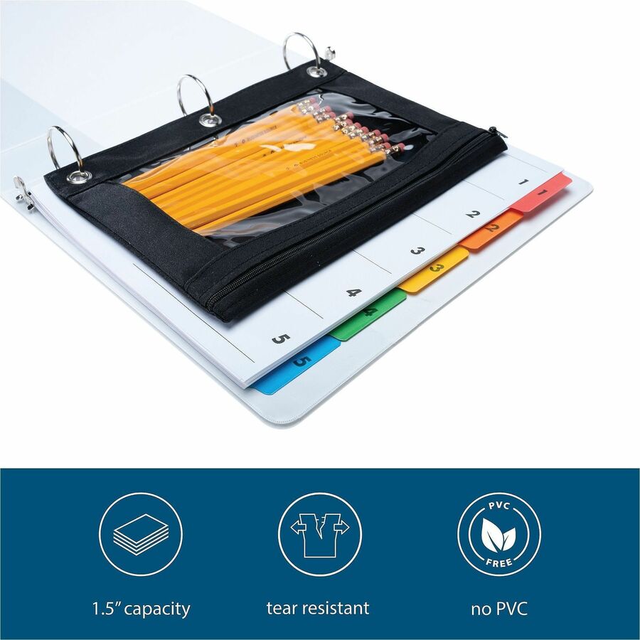 Business Source Round-ring View Binder, 1 1/2" Capacity, Letter Size, 8 1/2" x 11", 350 Sheet Capacity, 2 Internal Pockets, White, Polypropylene/Chipboard, Clear Overlay, Wrinkle-free, Gap-free Ring, 1 Each