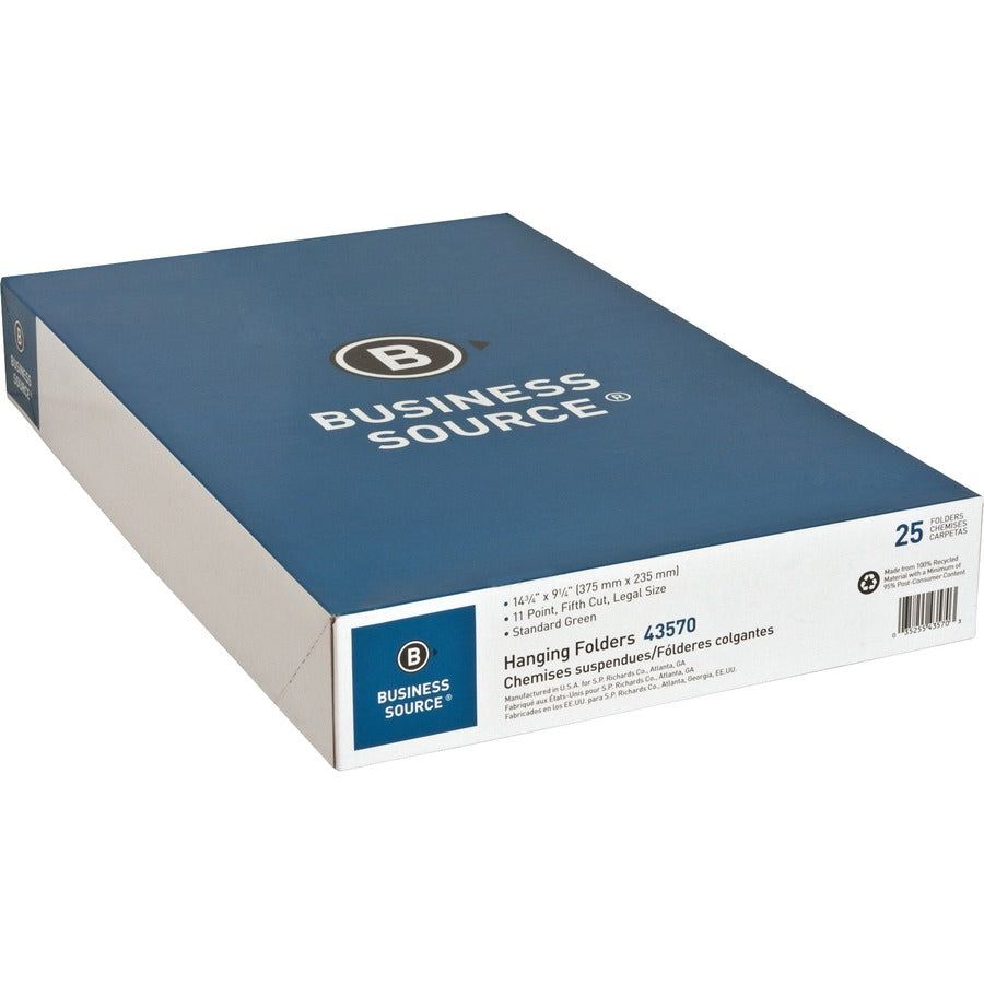 Business Source 1/5 Tab Cut Legal Recycled Hanging Folder - 8 1/2" x 14" - 11 pt. - Poly - Green - 100% Recycled - 25 / Box