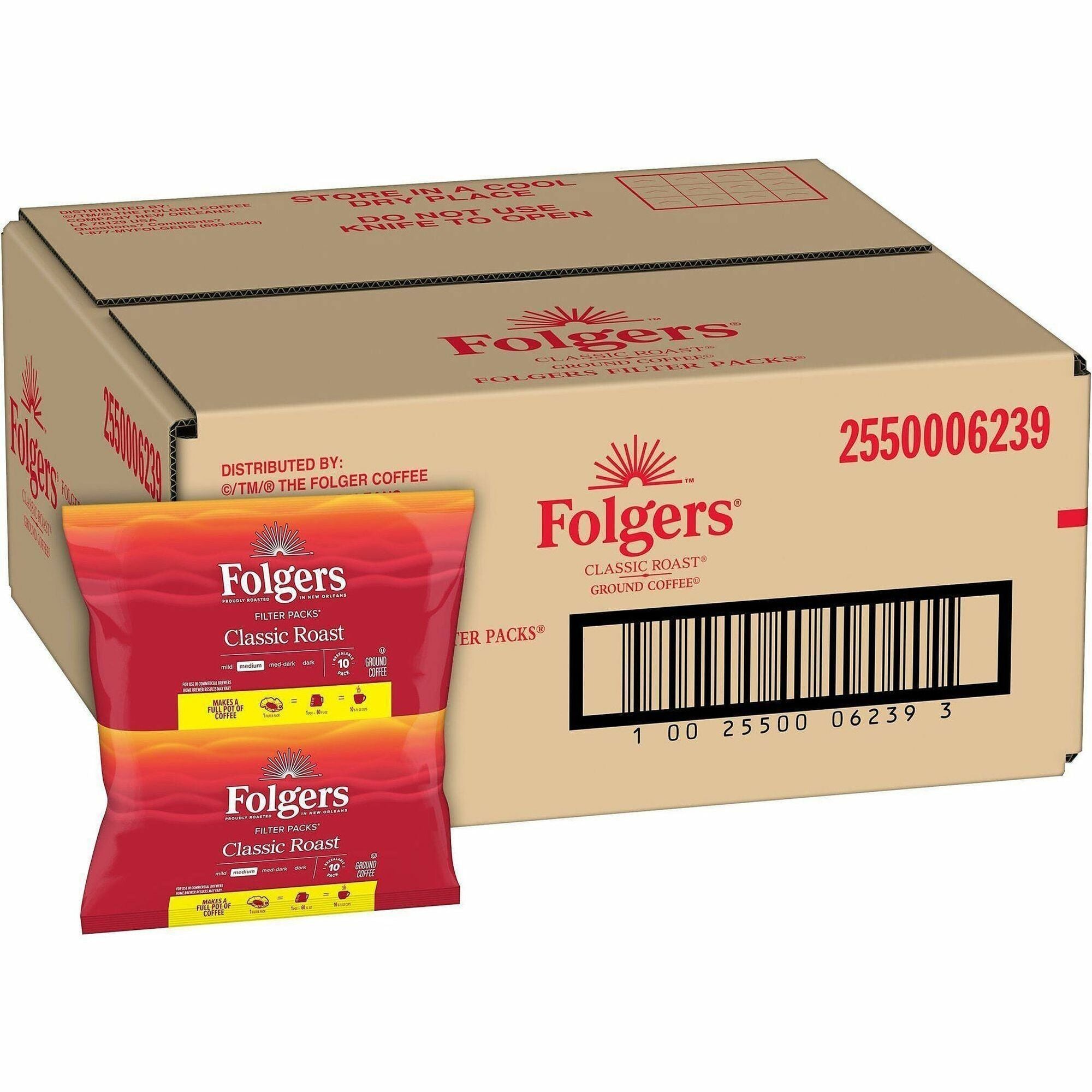 Folgers&reg; Filter Pack Classic Roast Coffee - Regular - 0.9 oz Per Pouch - Filter Pack - 10/Pack - 4 / Carton