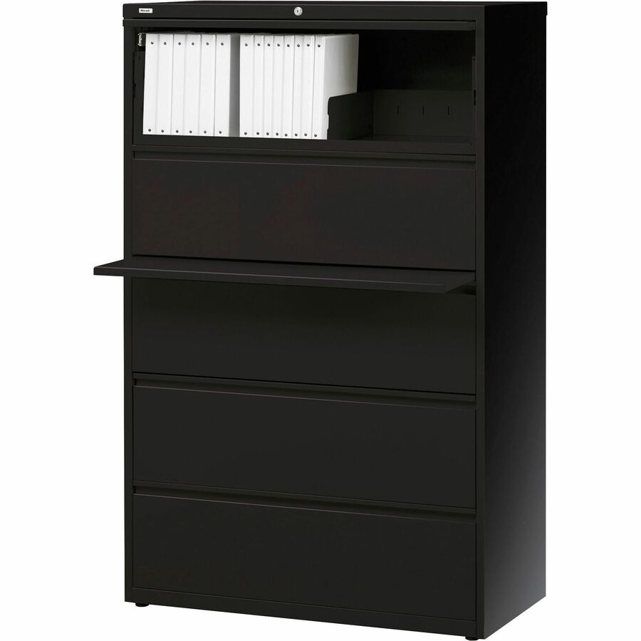 Lorell Fortress Series Lateral File w/Roll-out Posting Shelf - 42" Width x 18.6" Depth x 67.7" Height - 5 x Drawer(s) for File - Letter, Legal, A4 - Lateral - Interlocking, Label Holder, Leveling Glide, Ball-bearing Suspension - Black - Recycled