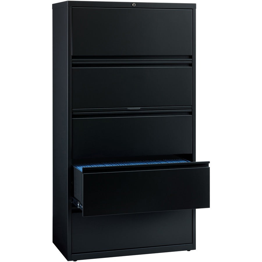 Lorell Fortress Series Lateral File with Roll-out Posting Shelf, 5 Drawers, 36"W x 18.6"D x 67.7"H, Black, Recycled Content, Greenguard Certified, 1 Each