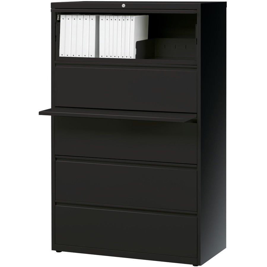 Lorell Fortress Series Lateral File with Roll-out Posting Shelf, 5 Drawers, 36"W x 18.6"D x 67.7"H, Black, Recycled Content, Greenguard Certified, 1 Each