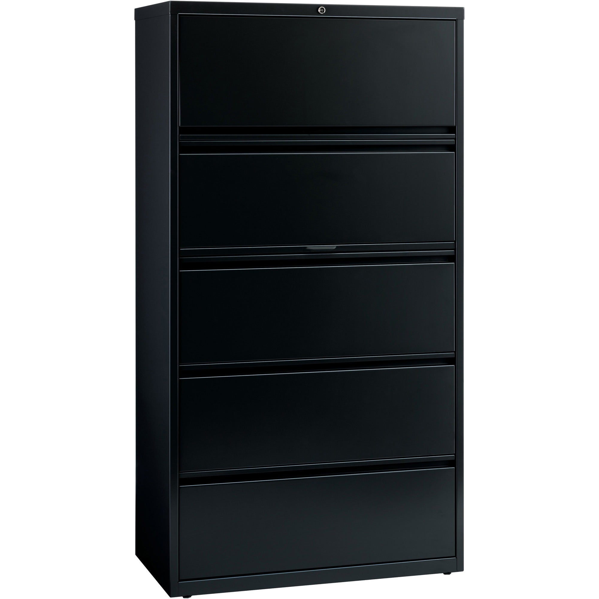 Lorell Fortress Series Lateral File with Roll-out Posting Shelf, 5 Drawers, 36"W x 18.6"D x 67.7"H, Black, Recycled Content, Greenguard Certified, 1 Each