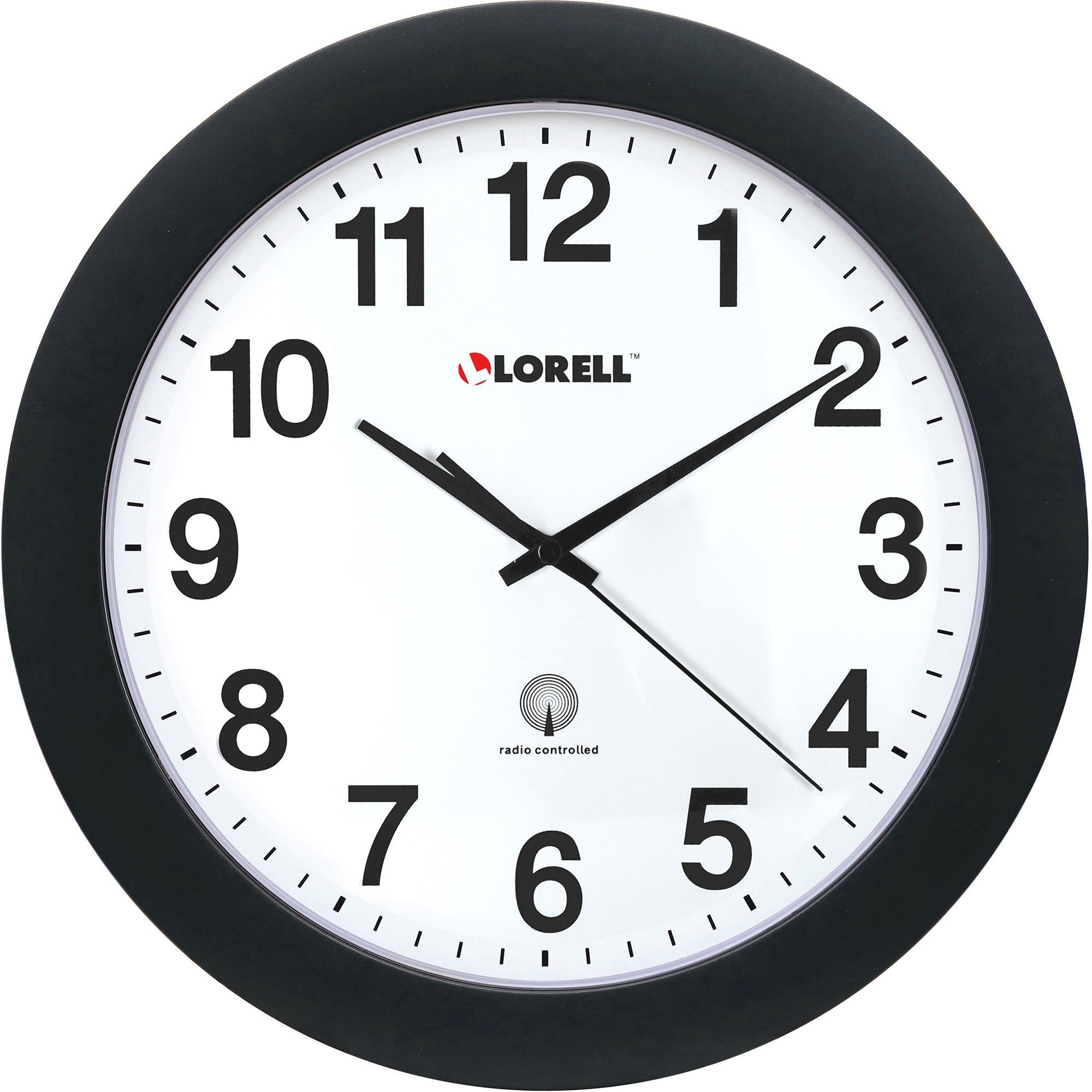 Lorell 12" Round Radio-Controlled Wall Clock - Analog - Quartz - White Main Dial - Black Case - Plastic