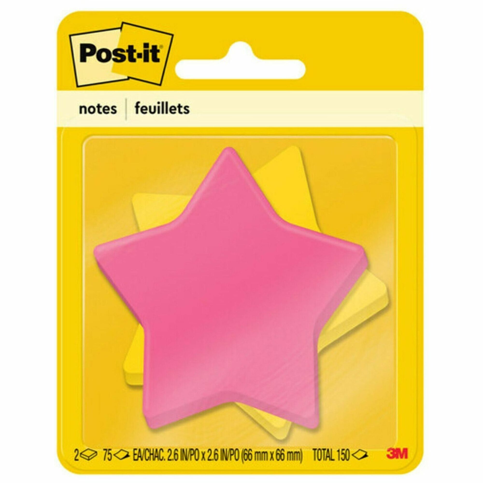 Post-it&reg; Super Sticky Die-Cut Notes - 150 - 3" Flag/Note Width x 3" Flag/Note Length - Star - 75 Sheets per Pad - Unruled - Yellow, Pink - Self-adhesive - 1 Pack