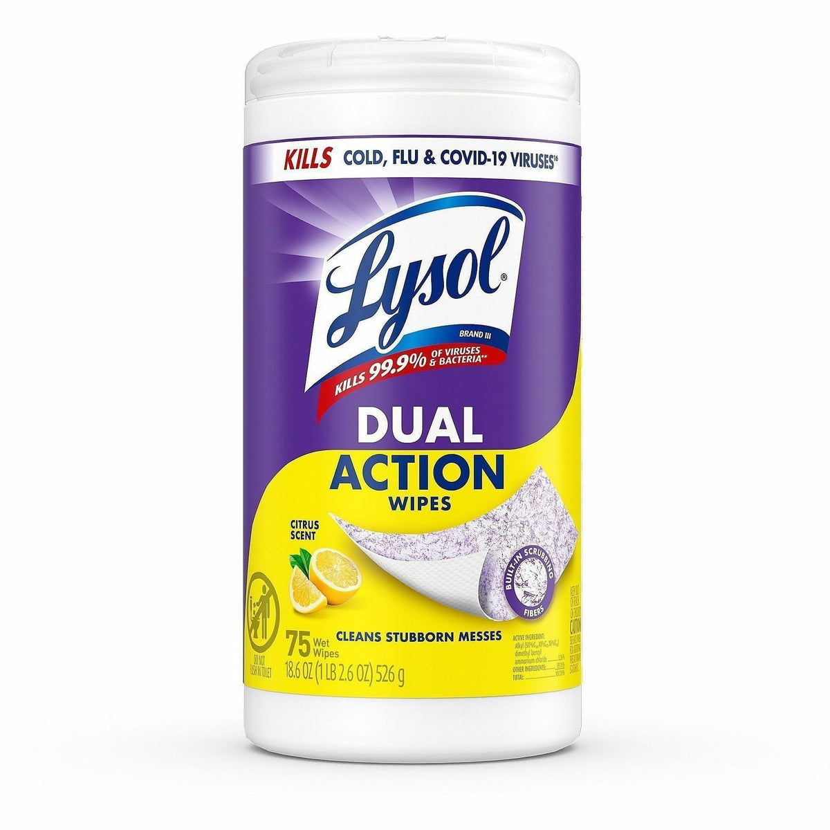 Lysol Dual Action Wipes, Citrus Scent, 7" x 7.25", Pre-moistened, Anti-bacterial, White/Purple, 75 Wipes per Tub, 1 Tub
