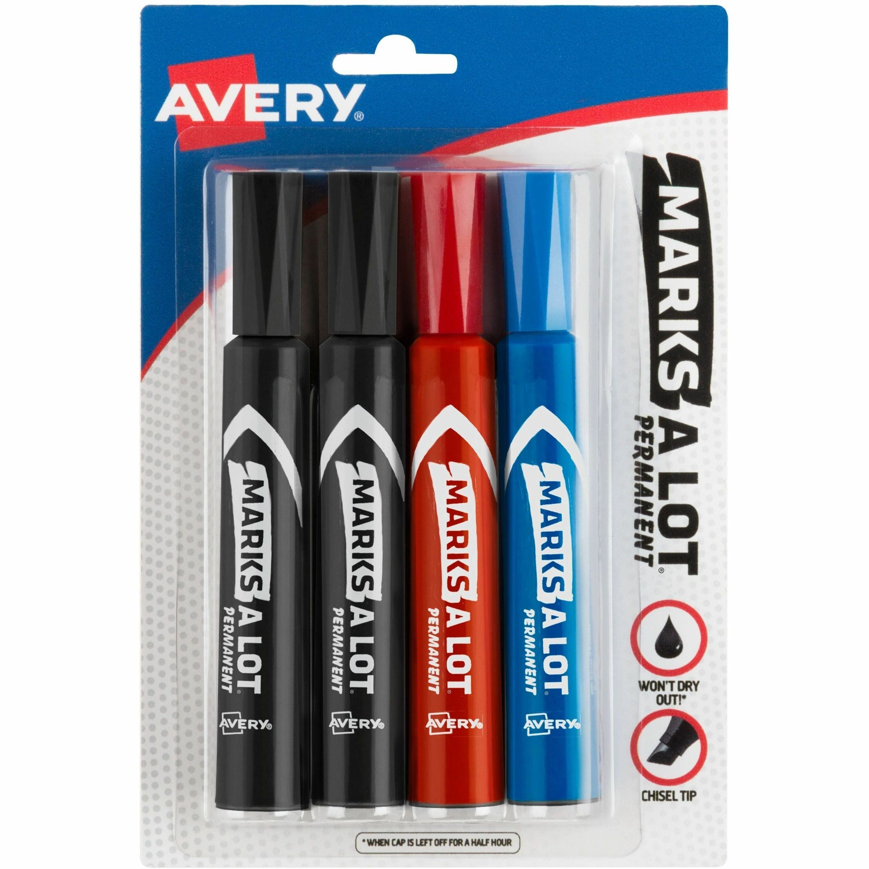 Avery&reg; Marks A Lot Permanent Markers - Regular Chisel Marker Point - Black, Blue, Red Ink - Black, Blue, Red Barrel - 4 / Pack