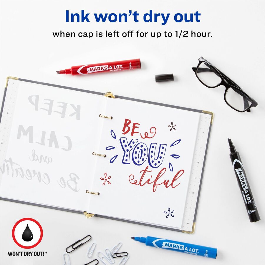 Avery&reg; Marks A Lot Permanent Markers - Regular Chisel Marker Point - Black, Blue, Red Ink - Black, Blue, Red Barrel - 4 / Pack