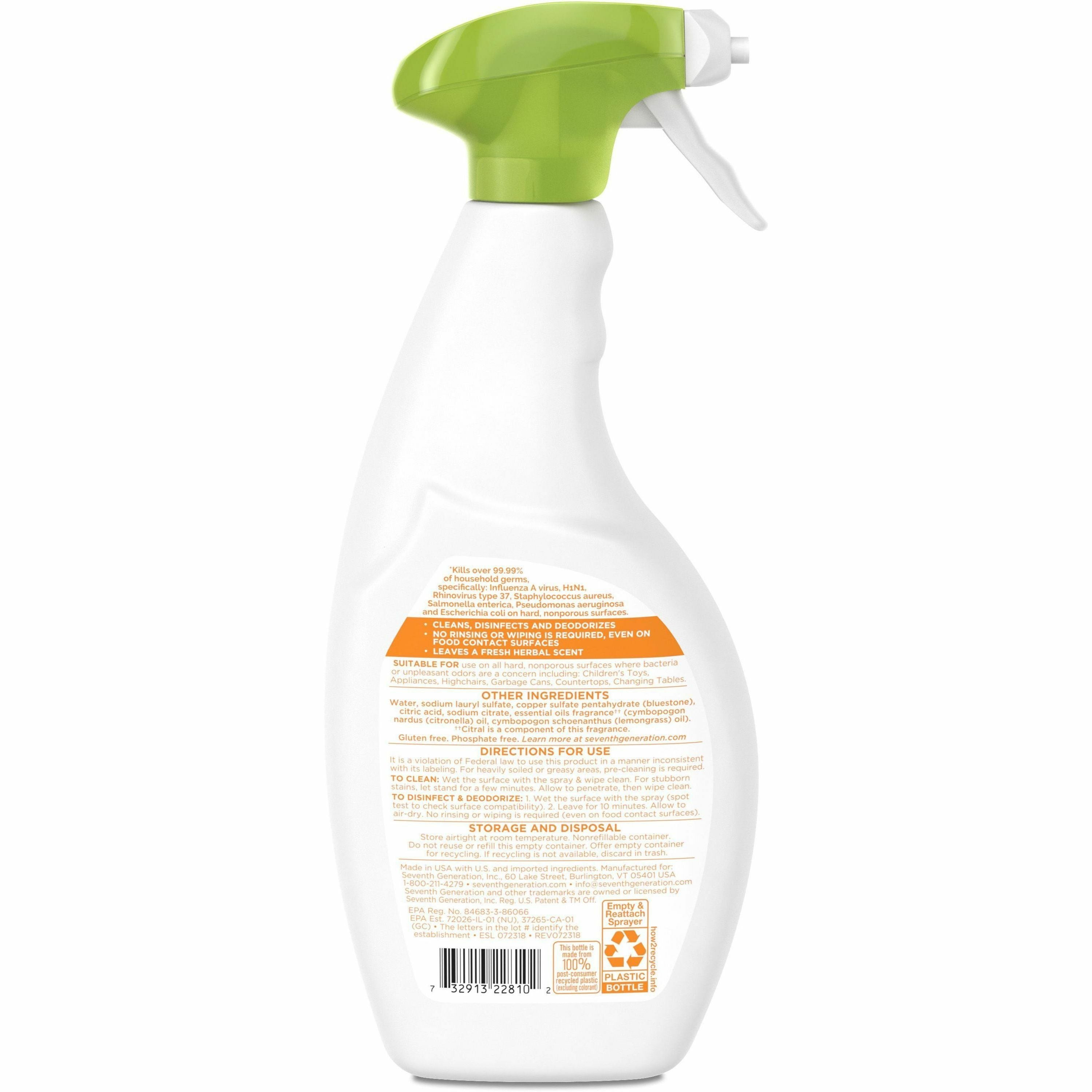 Seventh Generation Disinfecting Multi-Surface Cleaner - For Nonporous Surface - 26 fl oz (0.8 quart) - Lemongrass Citrus Scent - Recommended For: Oil Remover - Streak-free, Disinfectant, Odor Neutralizer - 1 Each