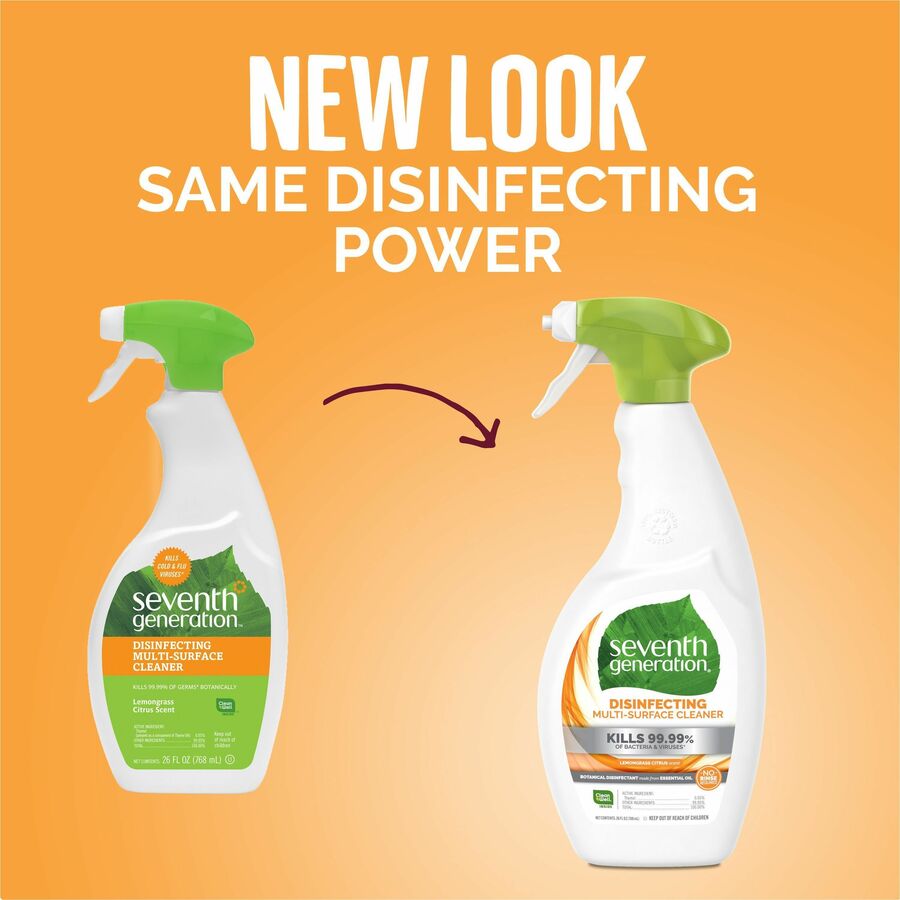 Seventh Generation Disinfecting Multi-Surface Cleaner - For Nonporous Surface - 26 fl oz (0.8 quart) - Lemongrass Citrus Scent - Recommended For: Oil Remover - Streak-free, Disinfectant, Odor Neutralizer - 1 Each