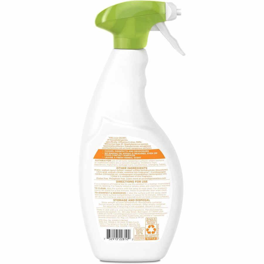 Seventh Generation Disinfecting Multi-Surface Cleaner - For Nonporous Surface - 26 fl oz (0.8 quart) - Lemongrass Citrus Scent - Recommended For: Oil Remover - Streak-free, Disinfectant, Odor Neutralizer - 1 Each