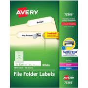 Avery&reg; TrueBlock File Folder Labels - 21/32" Width x 3 7/16" Length - Permanent Adhesive - Rectangle - Inkjet, Laser - Matte White - Matte - Paper - 30 / Sheet - 30 Total Sheets - 1800 Total Label(s) - 1 Box