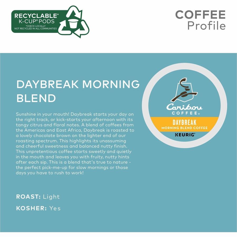 Caribou Coffee&reg; K-Cup Daybreak Coffee - Compatible with Keurig Brewer - Regular - Light/Mild - K-Cup - 24 / Box