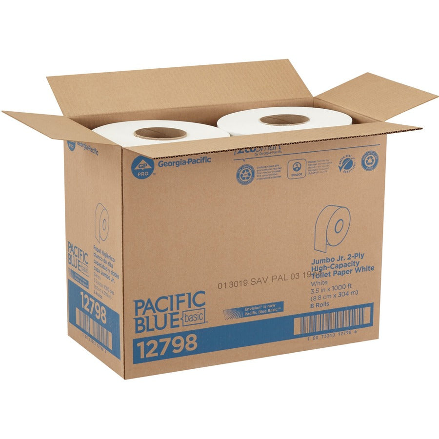 Pacific Blue Basic Jumbo Jr. High-Capacity Toilet Paper - 2 Ply - 3.50" Width x 1000 ft Length - White - Fiber - 8 / Carton