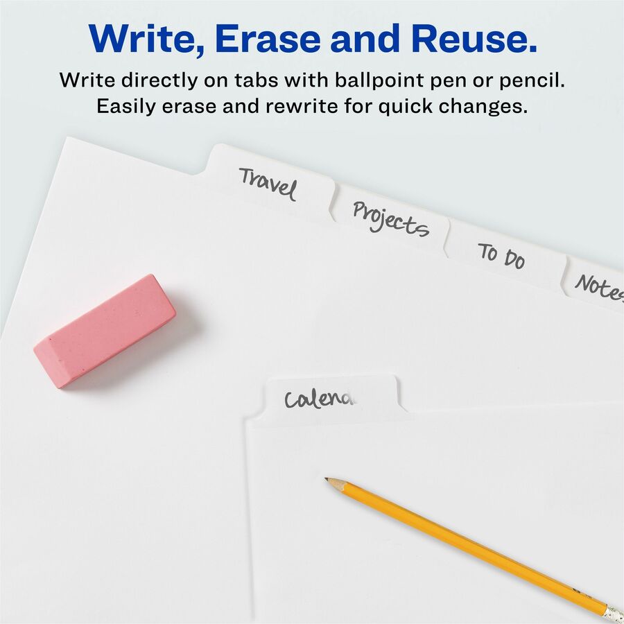 5 x Divider(s) - 5 Write-on Tab(s) - 5 - 5 Tab(s)/Set - 8.5" Divider Width x 11" Divider Length - 3 Hole Punched - White Paper Divider - White Paper Tab(s) - Recycled - Hole-punched, Writable, Erasable, Sturdy, Reinforced Hole - 1 Set