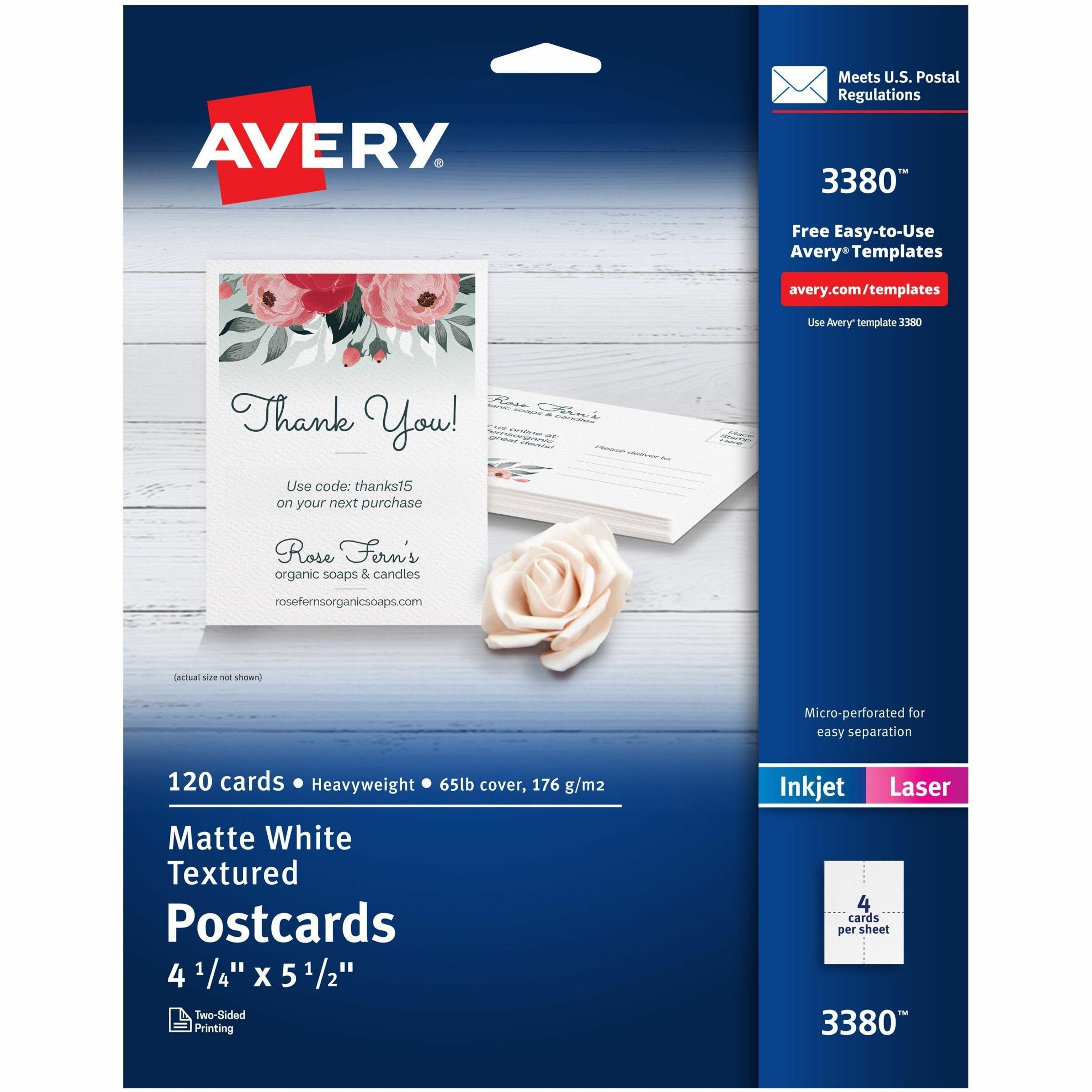 Avery&reg; Postcards, 4.25" x 5.5" , Matte, Laser & Inkjet, 120ct (3380)
