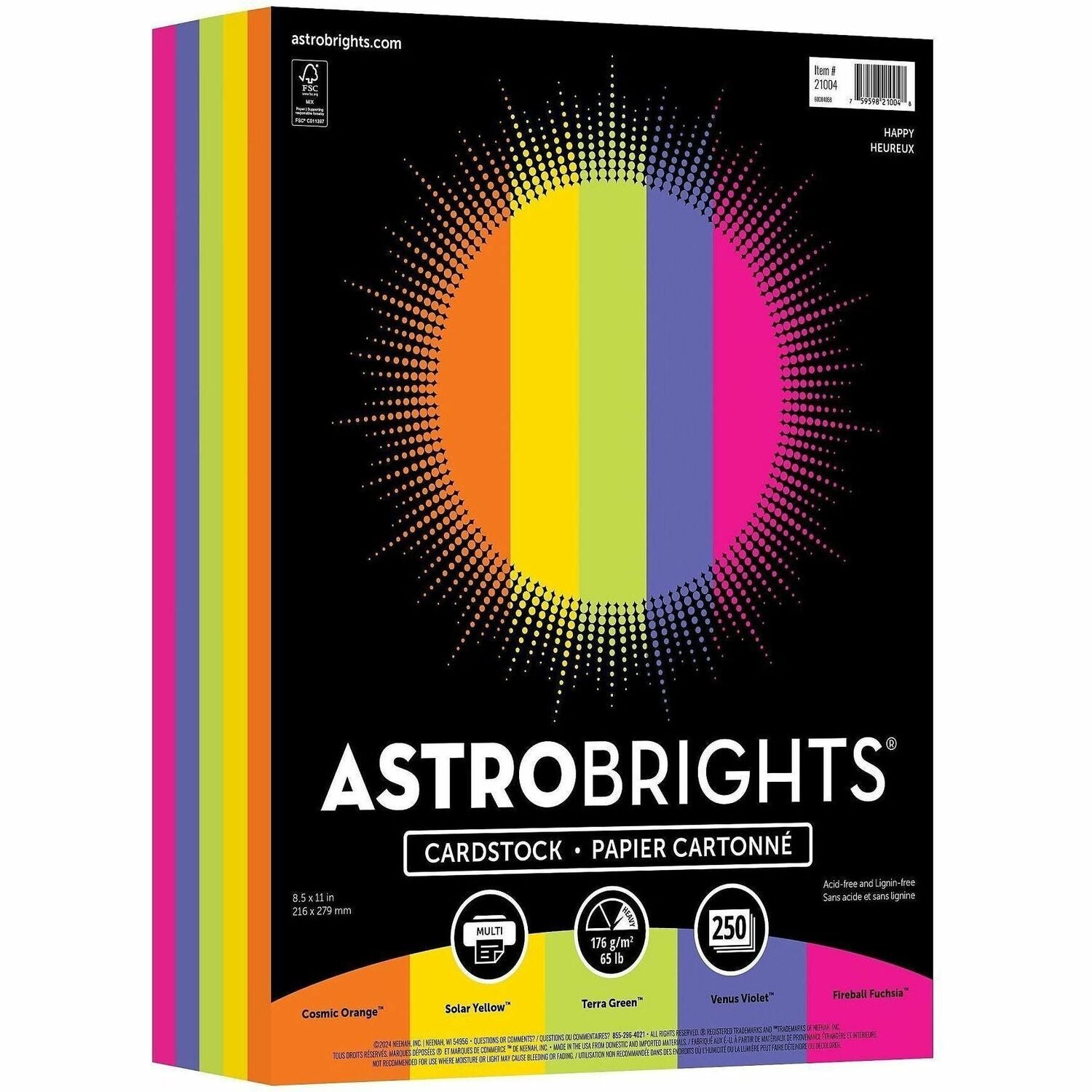 Letter - 8 1/2" x 11" - 65 lb Basis Weight - Acid-free, Lignin-free - Cosmic Orange, Solar Yellow, Terra Green, Venus Violet, Fireball Fuchsia - 250 / Pack