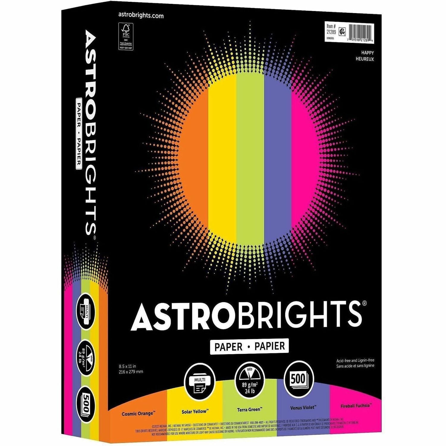 Letter - 8 1/2" x 11" - 24 lb Basis Weight - Acid-free, Lignin-free - Cosmic Orange, Solar Yellow, Terra Green, Venus Violet, Fireball Fuchsia - 500 / Ream