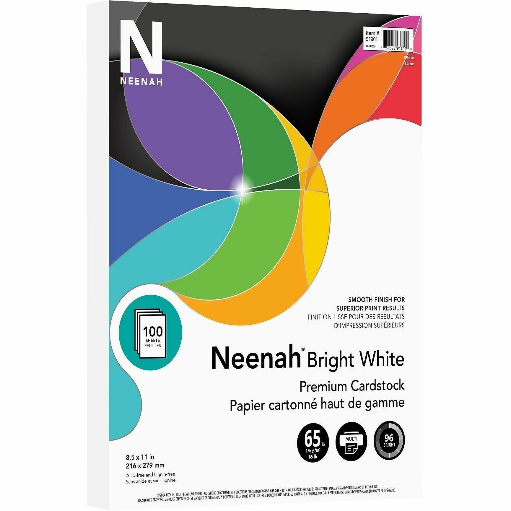 Neenah Bright White Cardstock - Letter - 8 1/2" x 11" - 65 lb Basis Weight - Smooth - Acid-free, Lignin-free - Bright White - 1 Pack