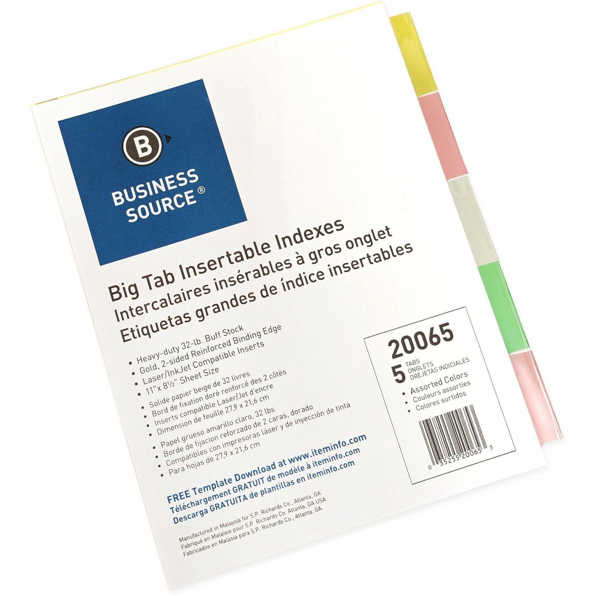 Business Source Reinforced Insertable Tab Indexes, 5 Multicolored Tabs, Letter Size, 8.5" x 11", 3-Hole Punched, Buff Dividers, 1 Set