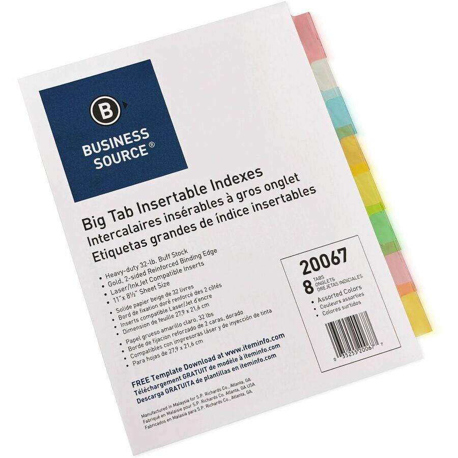 Business Source Reinforced Insertable Tab Indexes, 8 Dividers, 8 Multicolored Tabs, Letter Size, 3-Hole Punched, Buff with Manila Tabs, Mylar Reinforced, 1 Set
