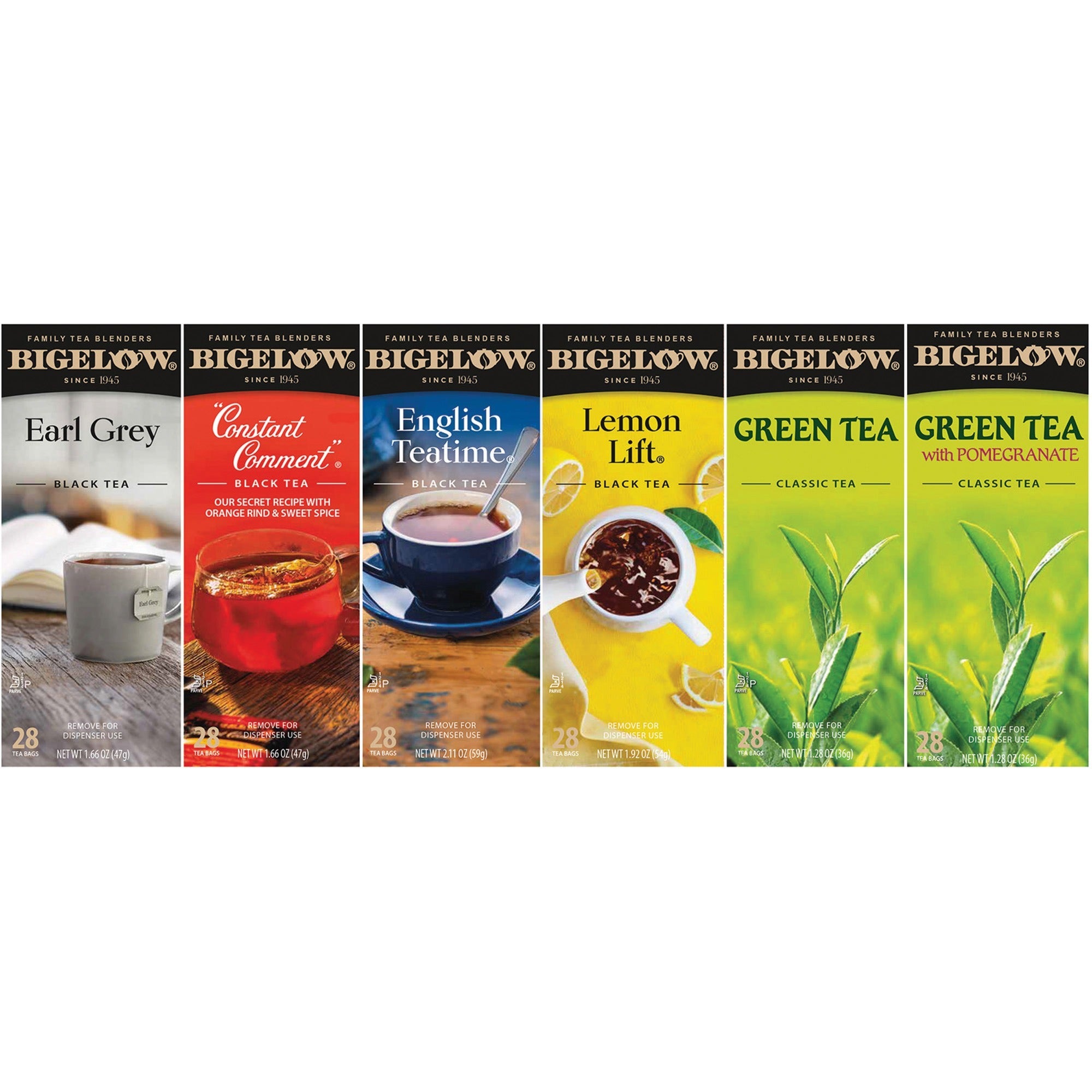 Bigelow Assorted Flavor Green Tea Bags, 28 Bags per Box, 6 Boxes per Carton, Includes Earl Grey, English Teatime, Lemon Lift, Constant Comment, Classic, and Pomegranate