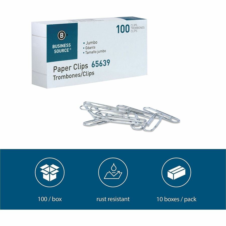 Business Source Paper Clips - Jumbo - Silver - Steel - 100/Box - 10 / Pack