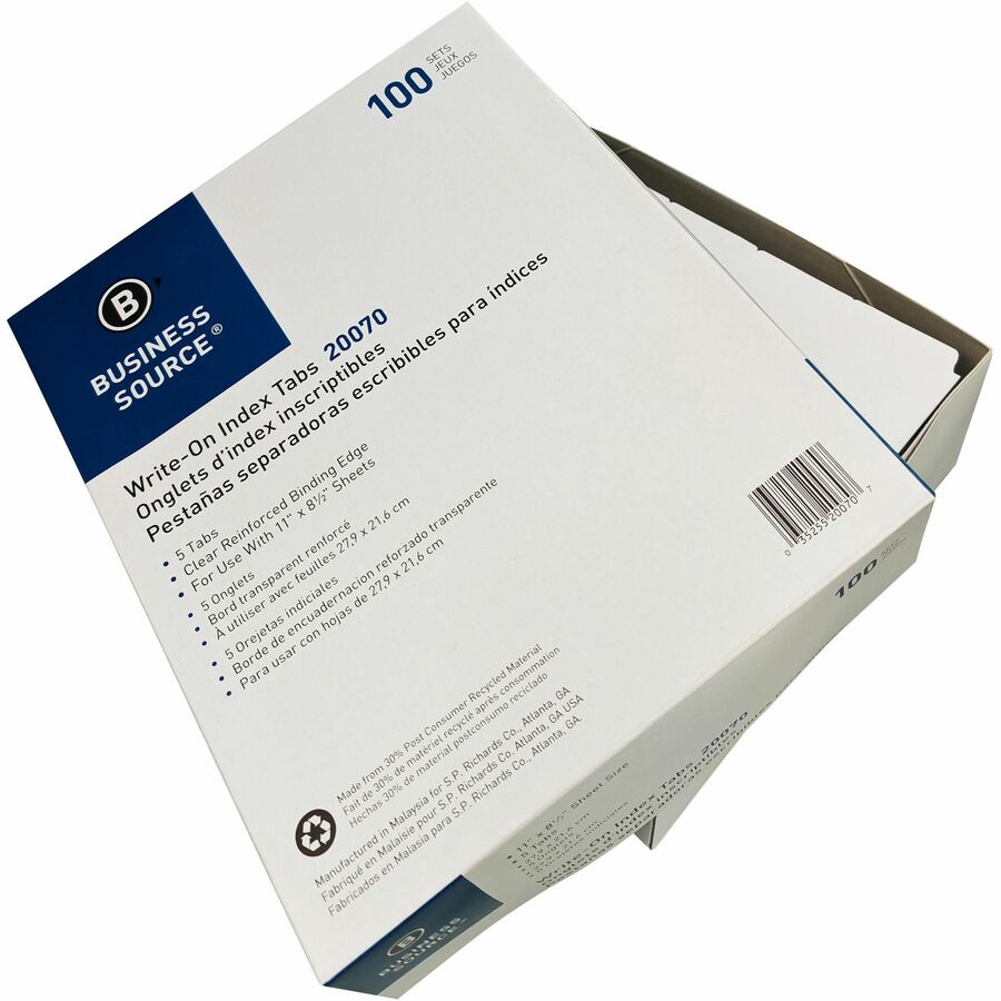 Business Source 3-Ring Plain Tab Indexes - 5 Write-on Tab(s) - 5 Tab(s)/Set - 2" Tab Width - 8.5" Divider Width x 11" Divider Length - Letter - 3 Hole Punched - White Divider - 100% Recycled - Mylar Reinforced Edge, Punched - 1 Box