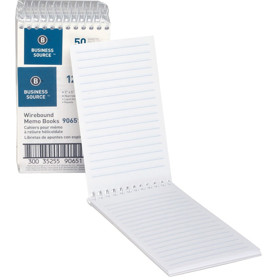 Business Source Wirebound Memo Books - 50 Sheet(s) - Wire Bound - 5" x 3" Sheet Size - White - White Sheet(s) - 1 Dozen
