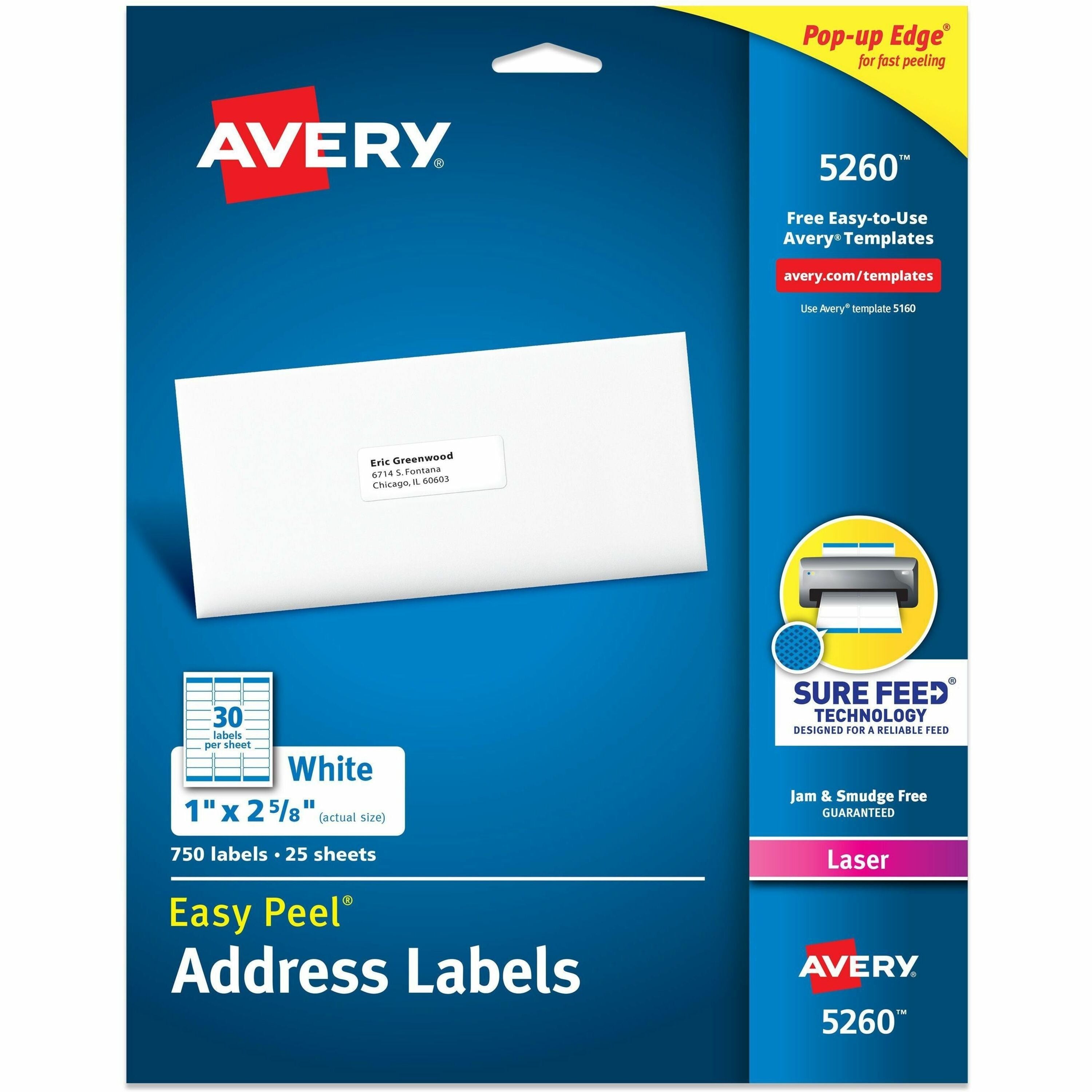 Avery Easy Peel Address Labels, 1" x 2-5/8", Rectangle, White, Matte, Laser, Permanent Adhesive, Jam & Smudge Resistant, 30 Labels/Sheet, 25 Sheets, 750 Labels/Pack