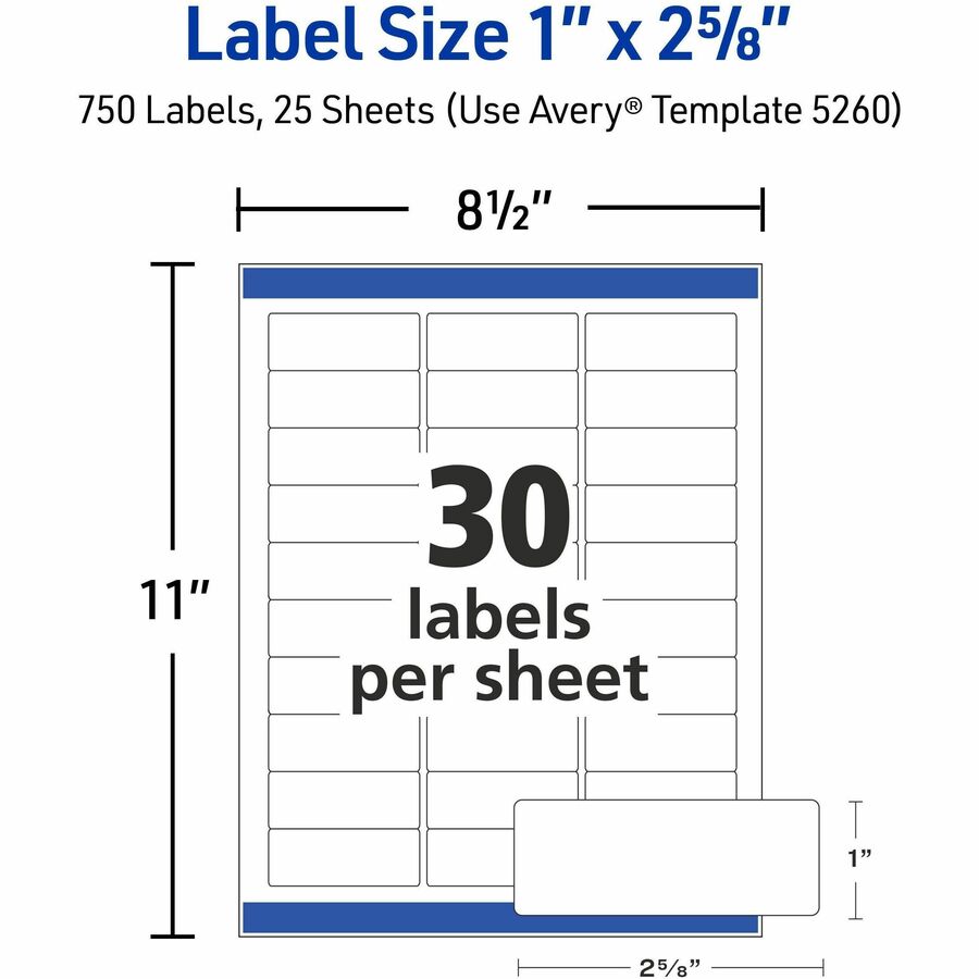 Avery Easy Peel Address Labels, 1" x 2-5/8", Rectangle, White, Matte, Laser, Permanent Adhesive, Jam & Smudge Resistant, 30 Labels/Sheet, 25 Sheets, 750 Labels/Pack
