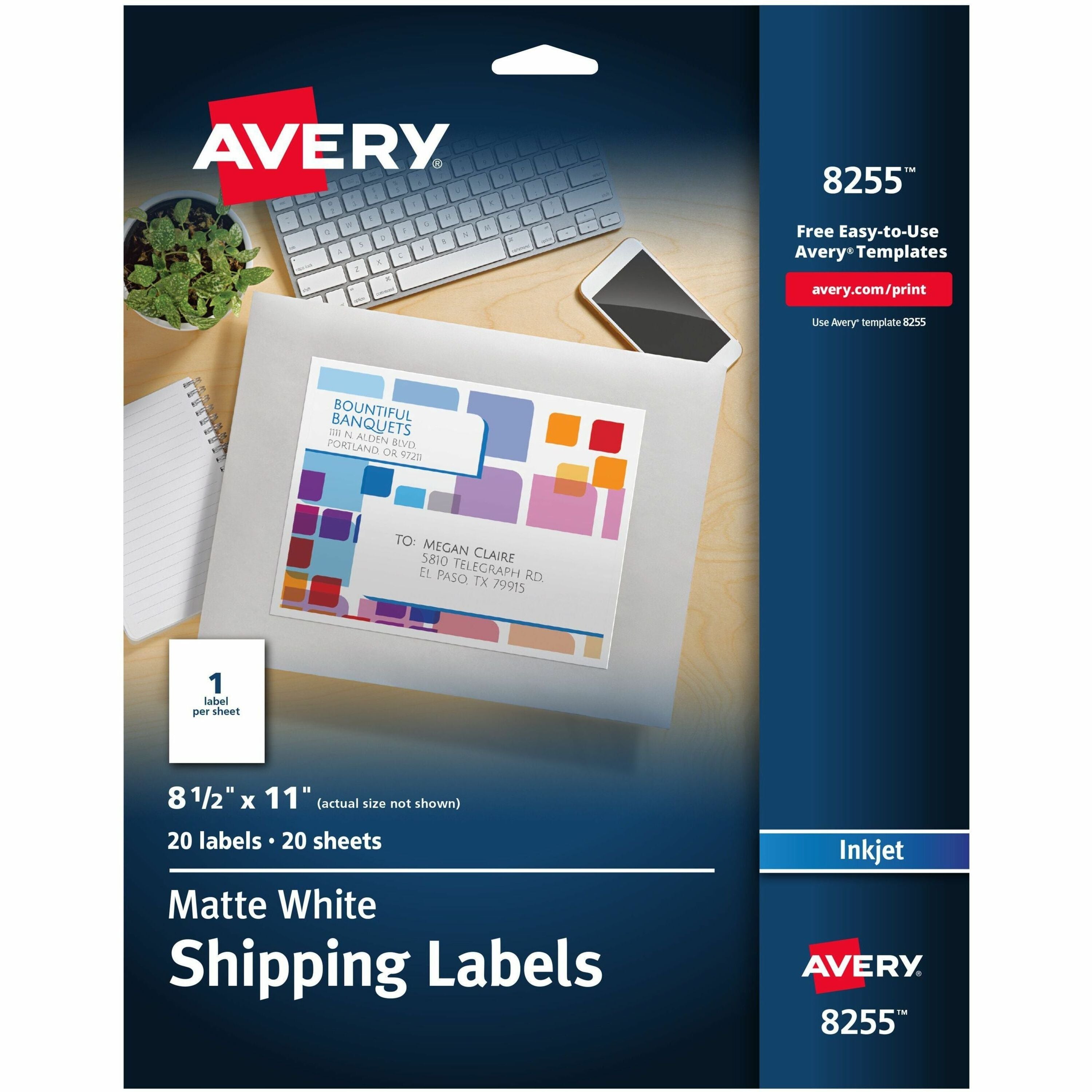 8 1/2" Width x 11" Length - Permanent Adhesive - Inkjet - Matte - White - Paper - Permanent Adhesive, Customizable - 1 / Sheet - 20 Total Sheets - 20 Total Label(s) - 20 / Pack