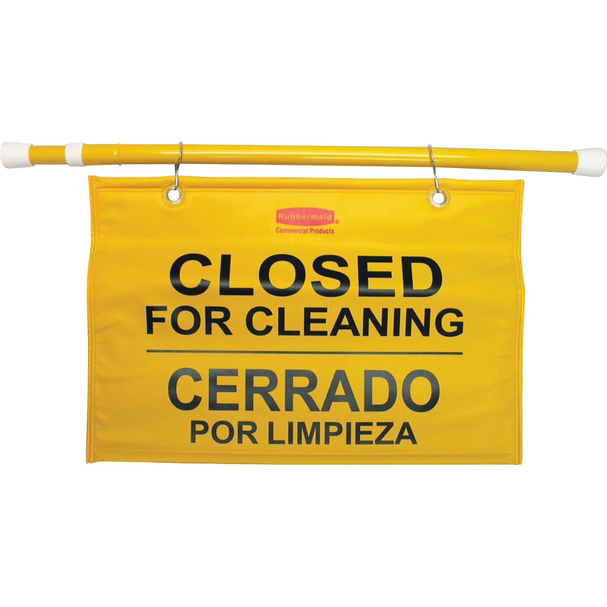 English, French, Spanish - Print/Message "Closed for Cleaning" - 50" Width x 13" Height x 1" Depth - Durable - Yellow - 1 Each