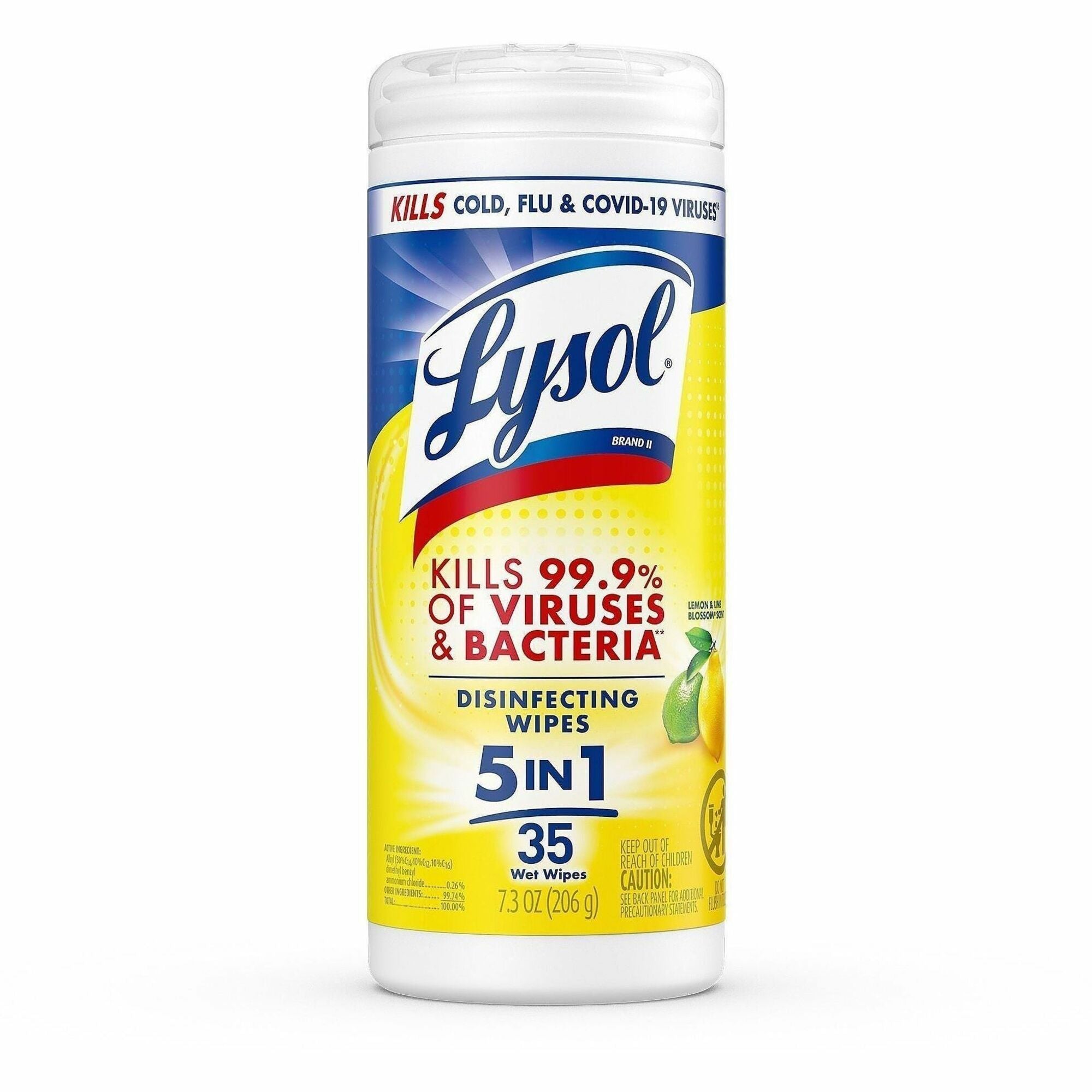Lysol Lemon/Lime Disinfect Wipes - For Kitchen, Toilet, Sink, Tub, Floor, Cabinet, Stove Top, Wood - Lemon & Lime Blossom Scent - 7" Length x 7.25" Width - Pre-moistened, Anti-bacterial, Disinfectant - White - 35/Tub - 1 Each