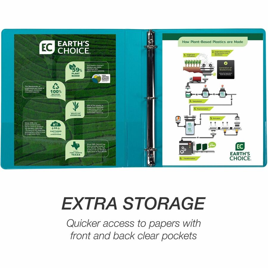 Samsill Earth's Choice Plant-based View Binders, 1" Capacity, Letter Size, 3 Round Rings, 2 Internal Pockets, Turquoise, 2 Pack