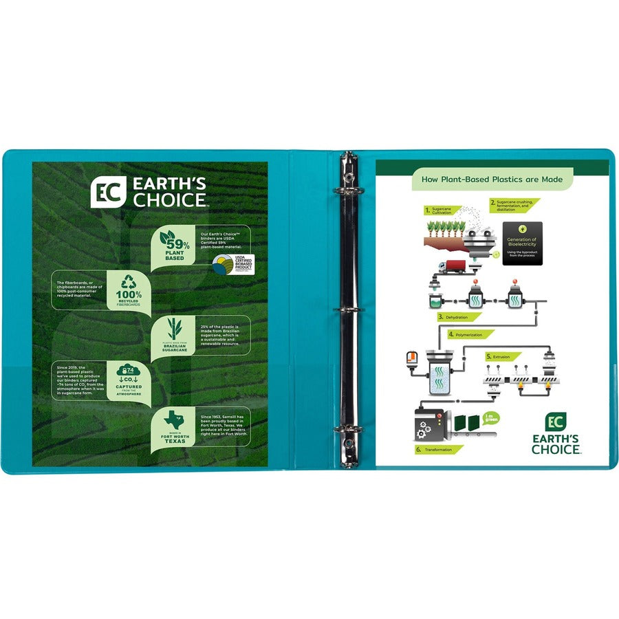 Samsill Earth's Choice Plant-based View Binders, 1" Capacity, Letter Size, 3 Round Rings, 2 Internal Pockets, Turquoise, 2 Pack